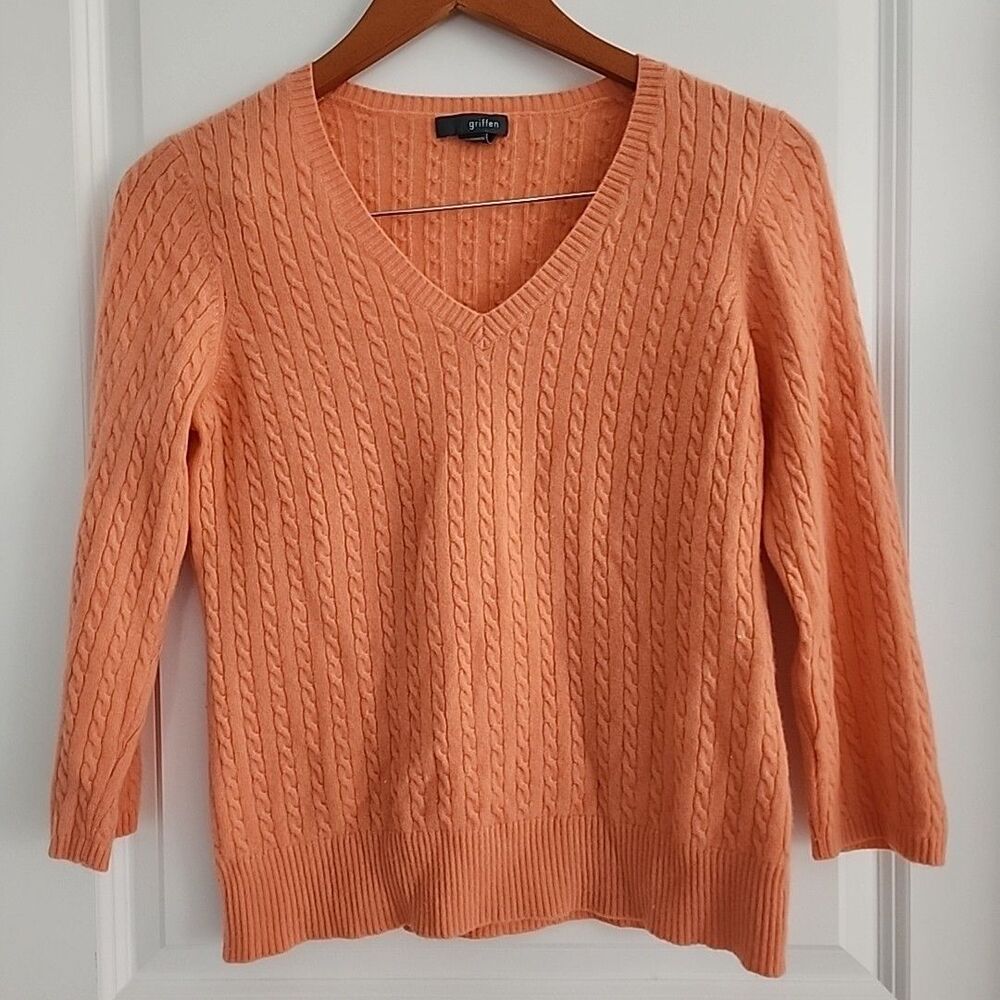 Griffen 100% Cashmere Sweater Womens L Orange Lightweight Cable Knit V Neck Read